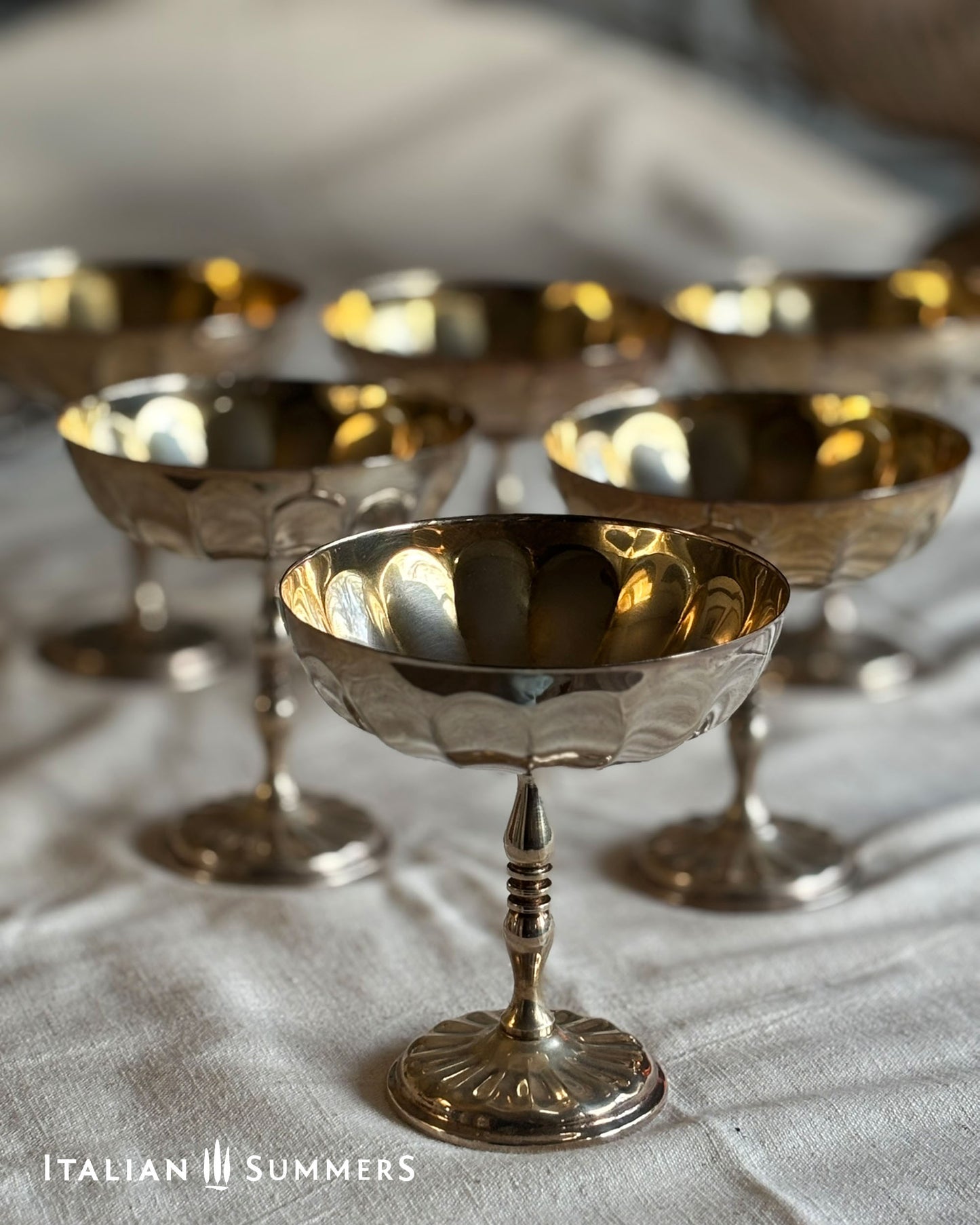 Set of silver and gold compote dishes on a textured surface with 'Italian Summers' branding.