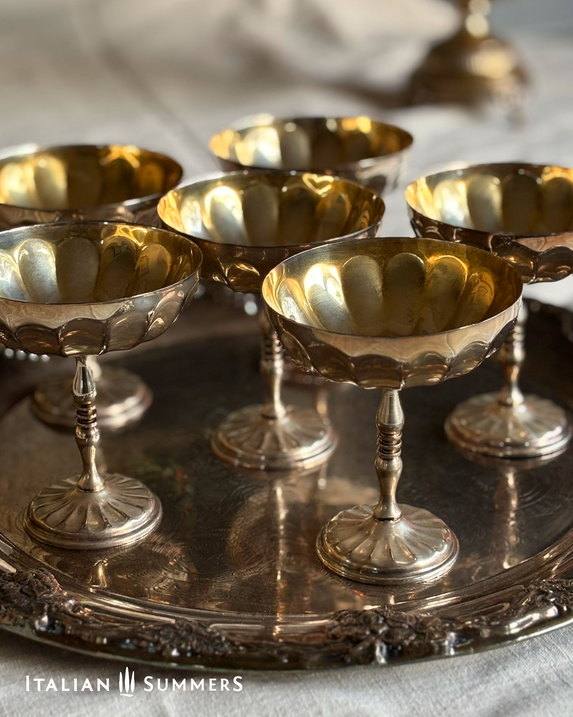 Set of gold and silver vintage-style drinkware on a tray with 'Italian Summers' branding.
