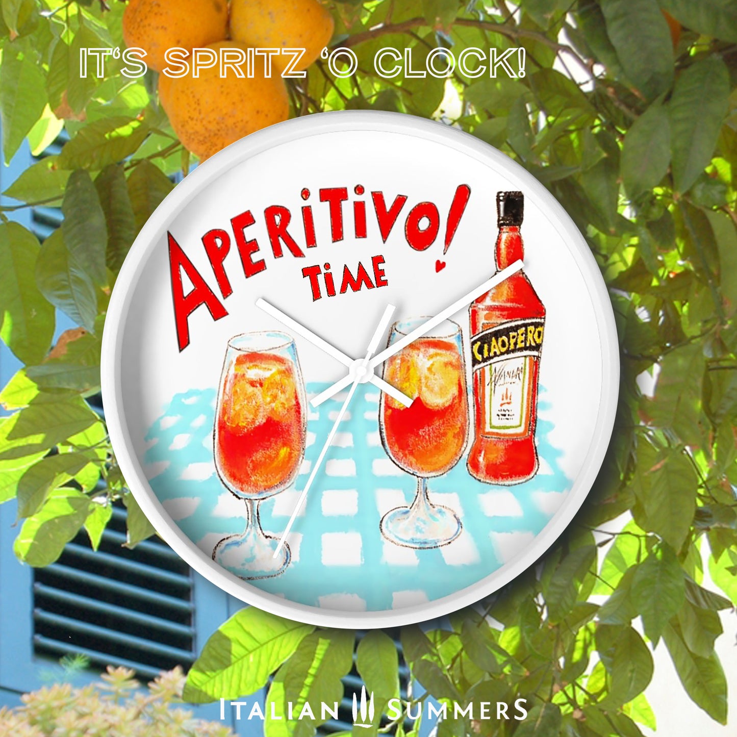 An Italy inspired  rond clock with a print of Two glasses and a bottle of Aperol, whizh is called in the sketch Ciaoperol. The bottle and the foot glasses are standing on a light blue checkered table cloth. There is on top of the sketch the text 'Aperitivo time!' in a vintage red color, handwritten font. Made by Italian Summers