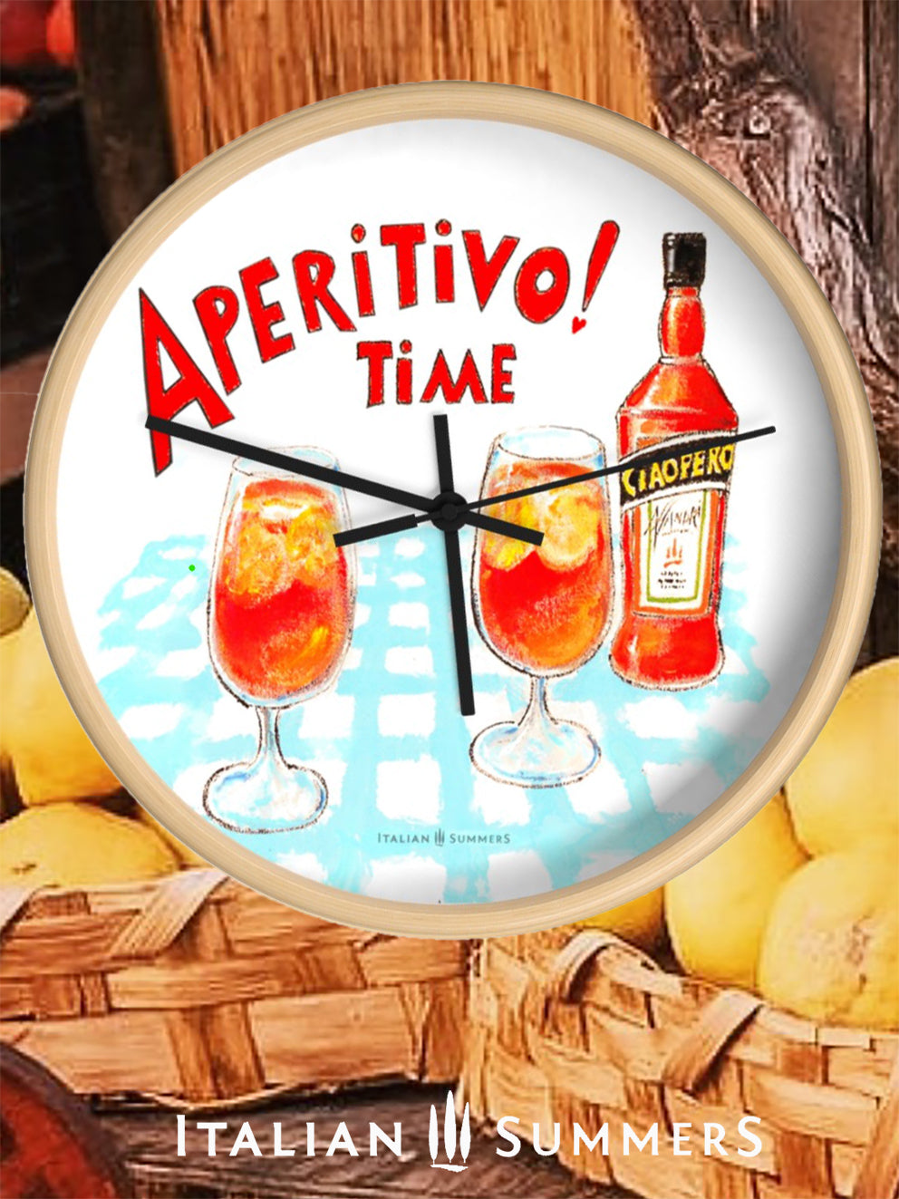 An Italy inspired rond clock with a print of Two glasses and a bottle of Aperol, whizh is called in the sketch Ciaoperol. The bottle and the foot glasses are standing on a light blue checkered table cloth. There is on top of the sketch the text 'Aperitivo time!' in a vintage red color, handwritten font. Made by Italian Summers