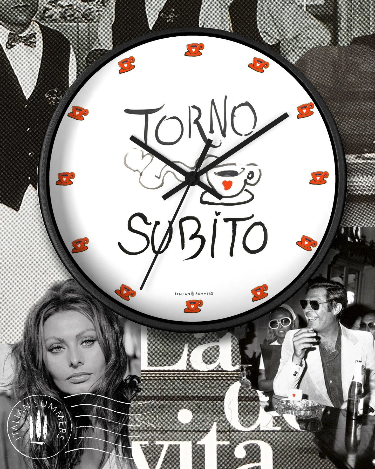 Italy inspired Wall Clock Torno Subito Inspired by the Italian notes left behind by shops on their espresso breaks. Designed and sold by Italian Summers