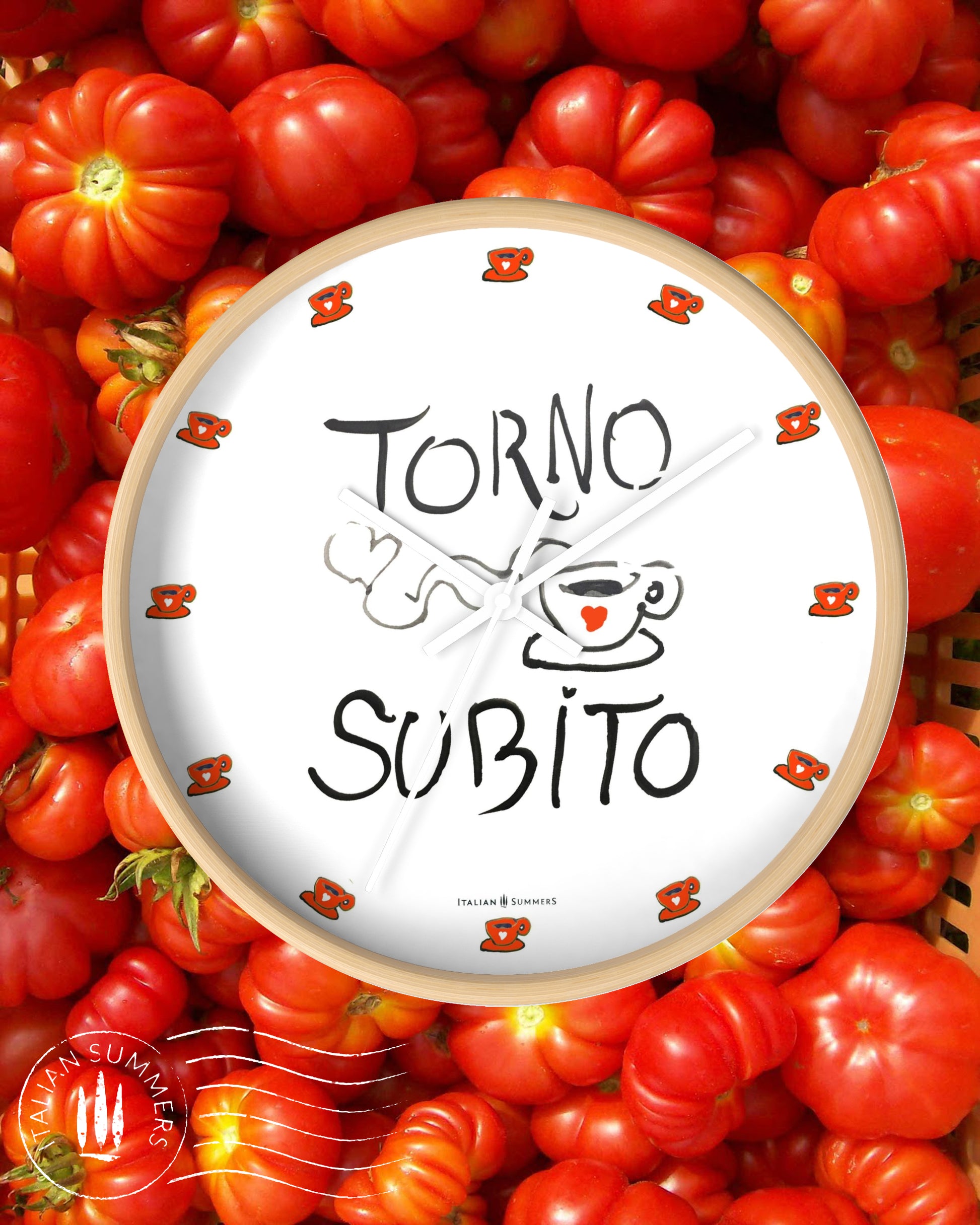 Italy inspired Wall Clock Torno Subito Inspired by the Italian notes left behind by shops on their espresso breaks. Designed and sold by Italian Summers