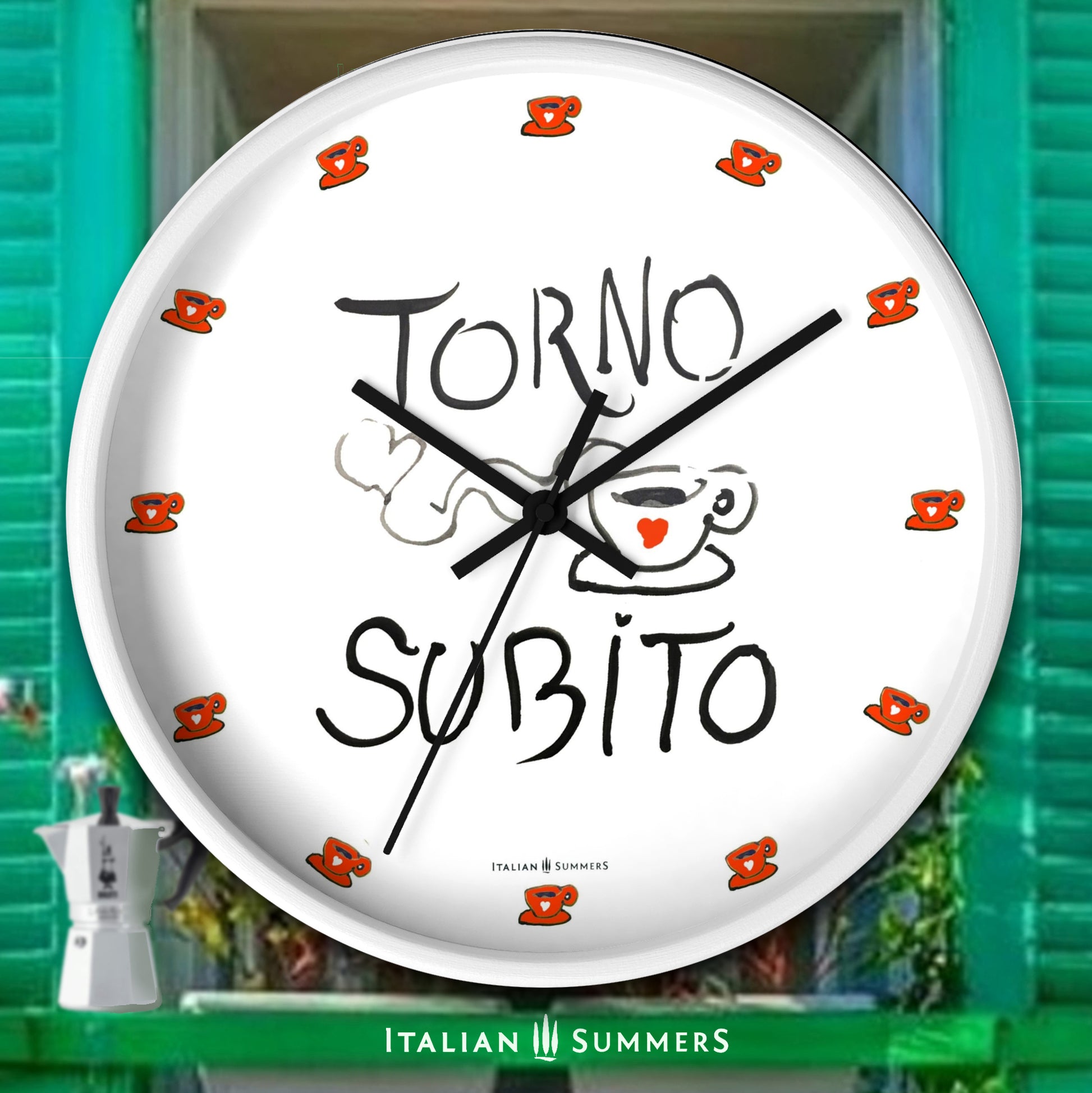 Italy inspired Wall Clock Torno Subito Inspired by the Italian notes left behind by shops on their espresso breaks. Designed and sold by Italian Summers