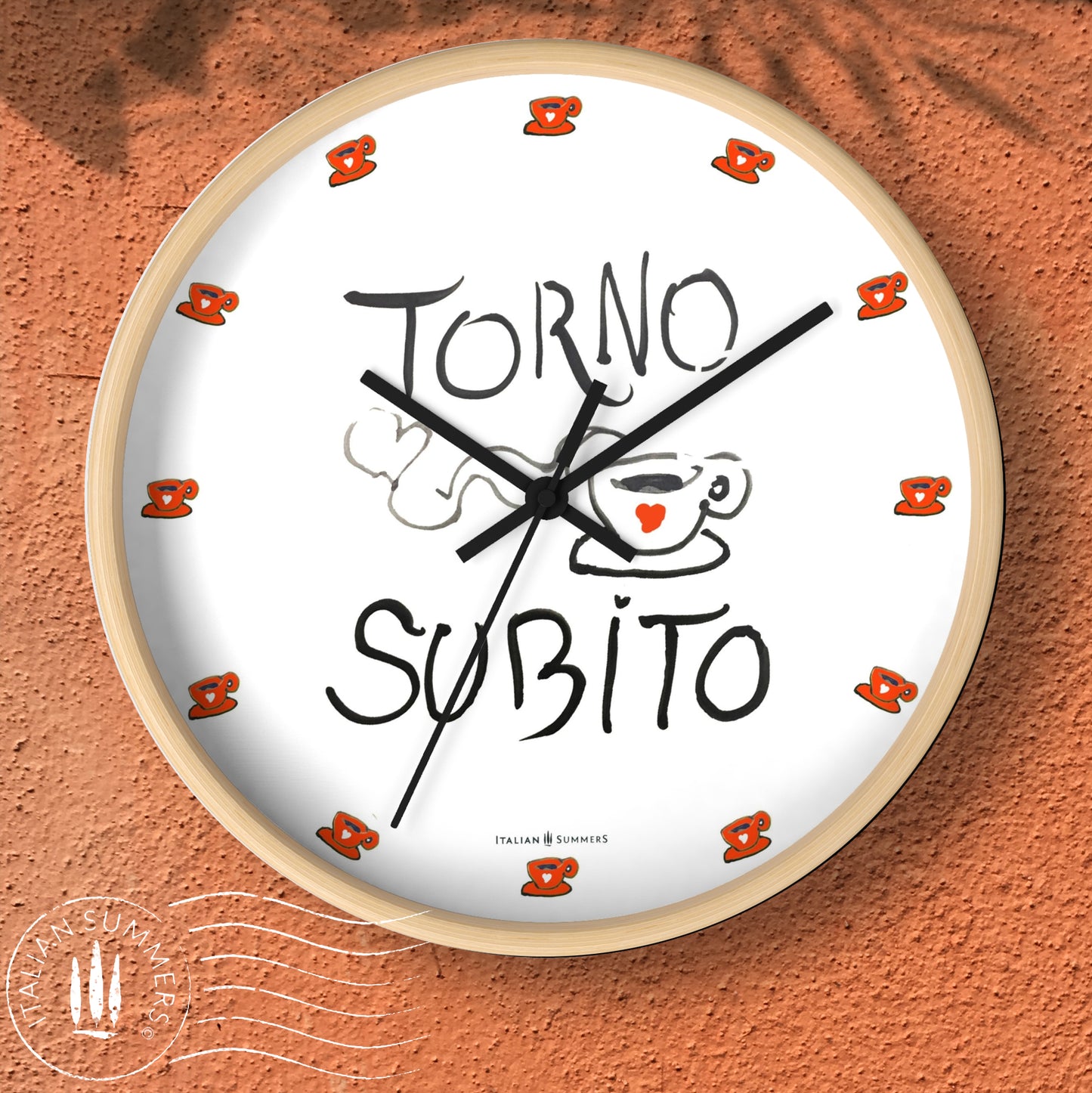 Italy inspired Wall Clock Torno Subito Inspired by the Italian notes left behind by shops on their espresso breaks. Designed and sold by Italian Summers