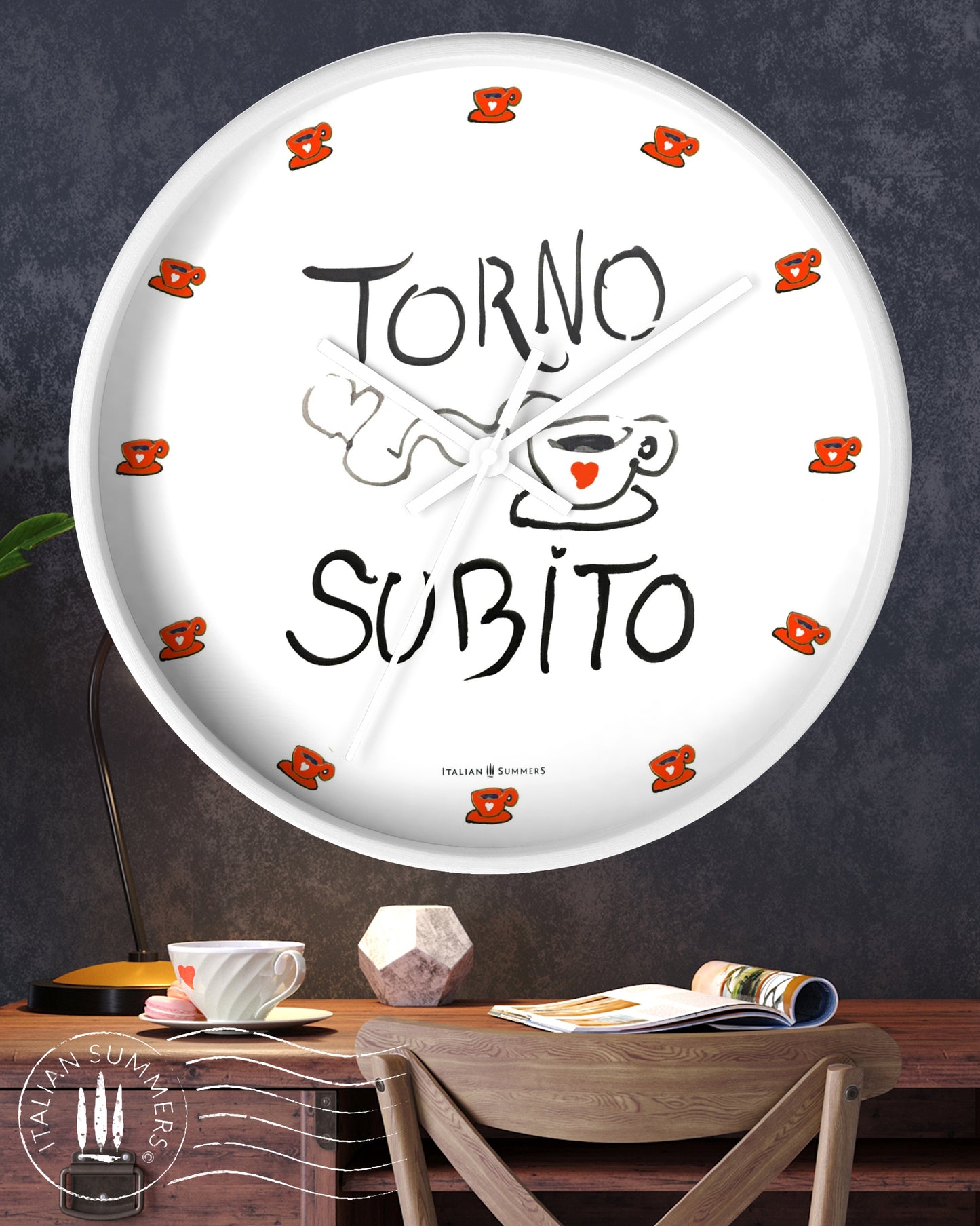 Italy inspired Wall Clock Torno Subito Inspired by the Italian notes left behind by shops on their espresso breaks. Designed and sold by Italian Summers