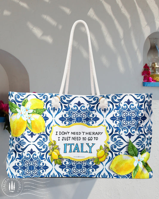 XL Italy -inspired  Beach Bag with printed Italian blue tile pattern and Sorrento Lemons with a quote between them: " I don't need therapy, I just need to go to Italy"  made to order  bag, by Italian Summers.