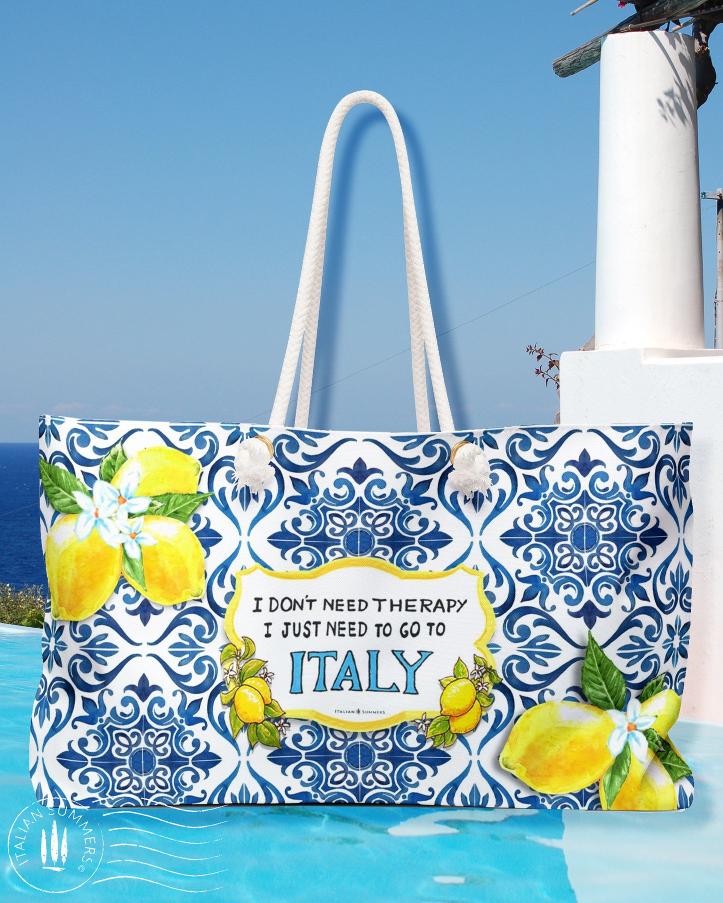 XL Italy -inspired  Beach Bag with printed Italian blue tile pattern and Sorrento Lemons with a quote between them: " I don't need therapy, I just need to go to Italy"  made to order  bag, by Italian Summers.