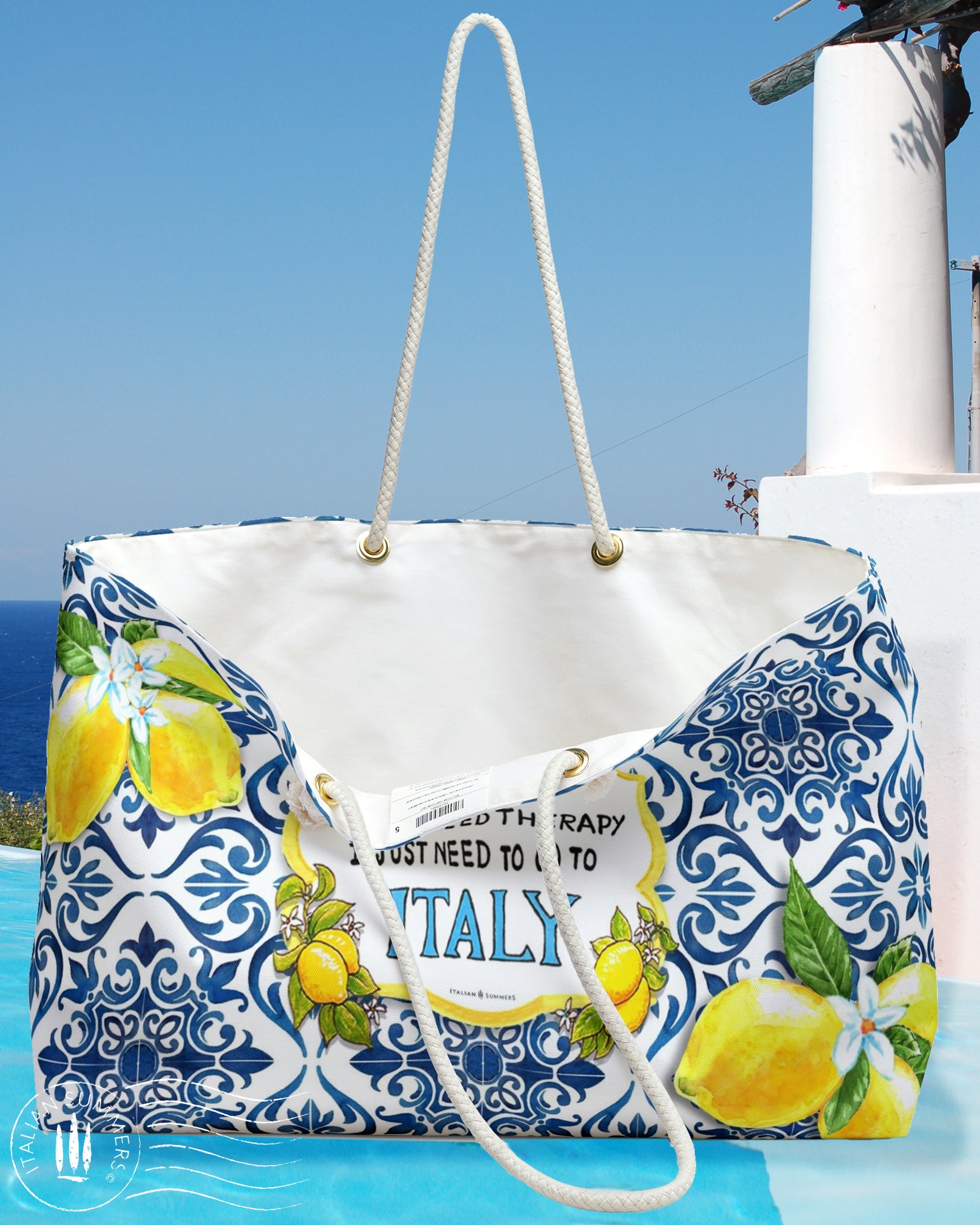 XL beach bag I don t need therapy I just need to go to Italy blue