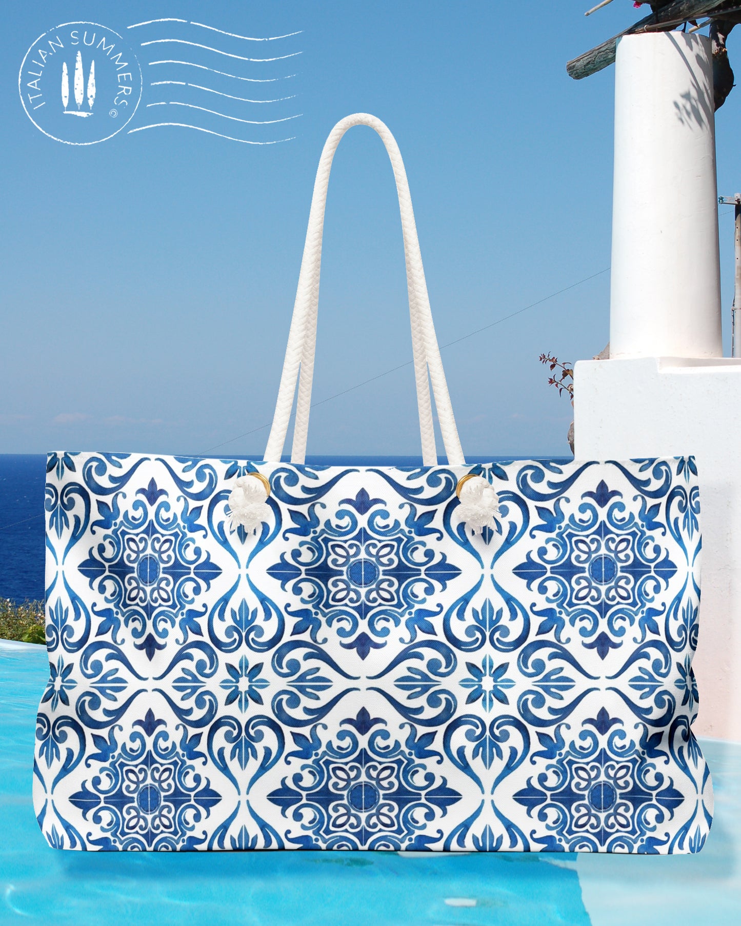 XL Italy -inspired  Beach Bag with printed Italian blue tile pattern and Sorrento Lemons with a quote between them: " I don't need therapy, I just need to go to Italy"  made to order  bag, by Italian Summers.