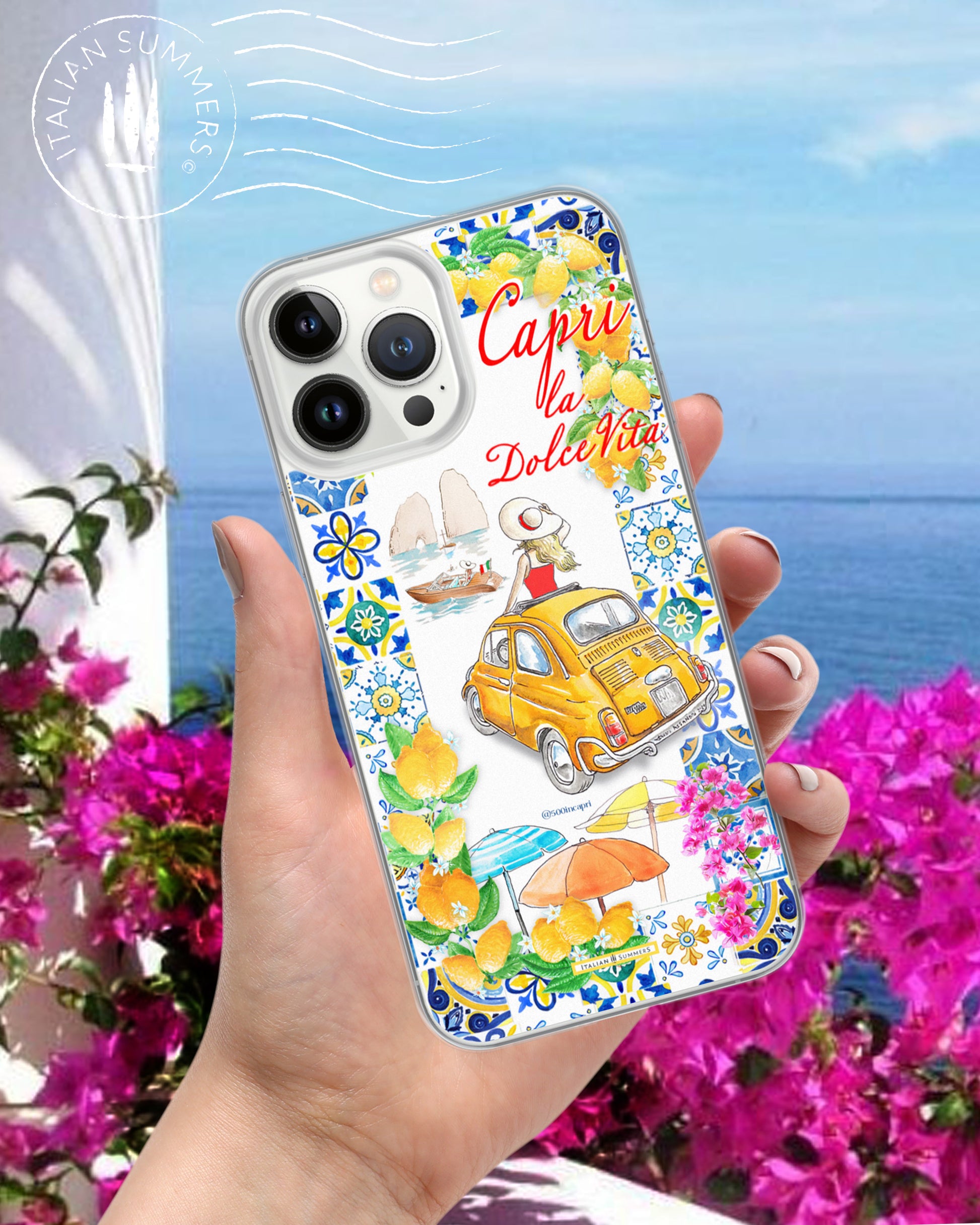 A colorful custom phone case printed with Italian tiles framing a drawing featuring one vintage ochre-colored FIAT 500 with a blonde lady wearing a large straw hat, protruding from the car's sunroof and looking towards the islets "Faraglioni" in Capri island.  A vintage Riva speedboat off the shore is piloted by a young Italian man waving his hand.