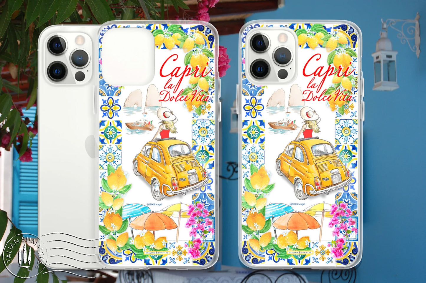 A colorful custom phone case printed with Italian tiles framing a drawing featuring one vintage ochre-colored FIAT 500 with a blonde lady wearing a large straw hat, protruding from the car's sunroof and looking towards the islets "Faraglioni" in Capri island. A vintage Riva speedboat off the shore is piloted by a young Italian man waving his hand.