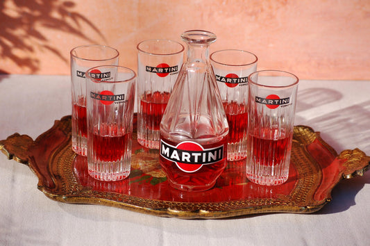Vintage  1960s Martini glasses set of six, Italy barware, Italian glassware, Dolce Vita cocktail glasses with serving carafe 