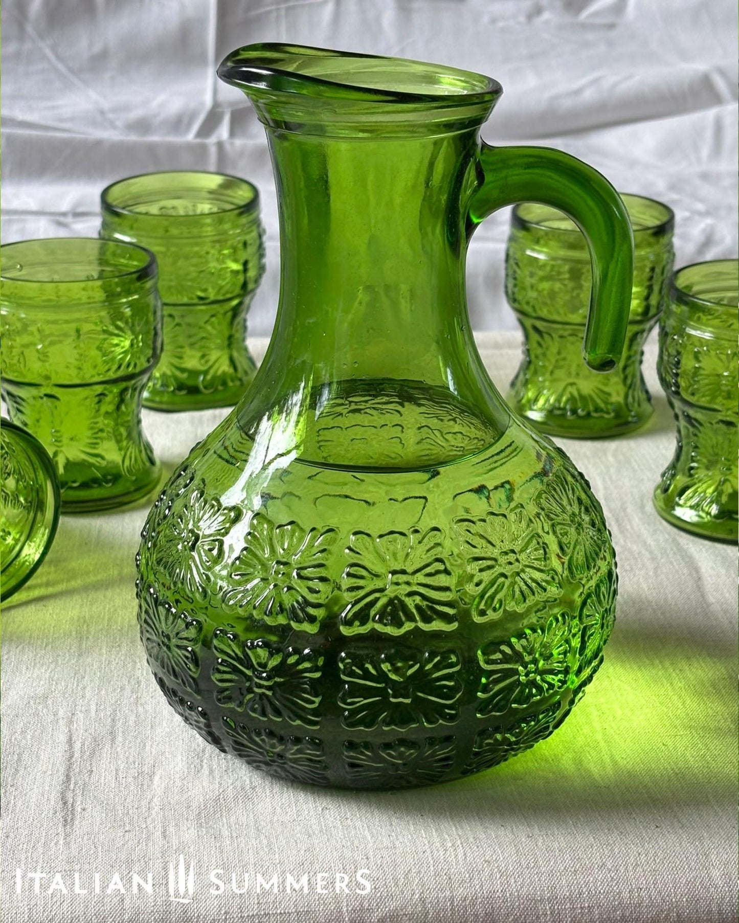 Vintage 1960s-70s Italian green glass Carafe and 6 Tumblers set,  Bormioli of Parma, made in Italy (Copy)
