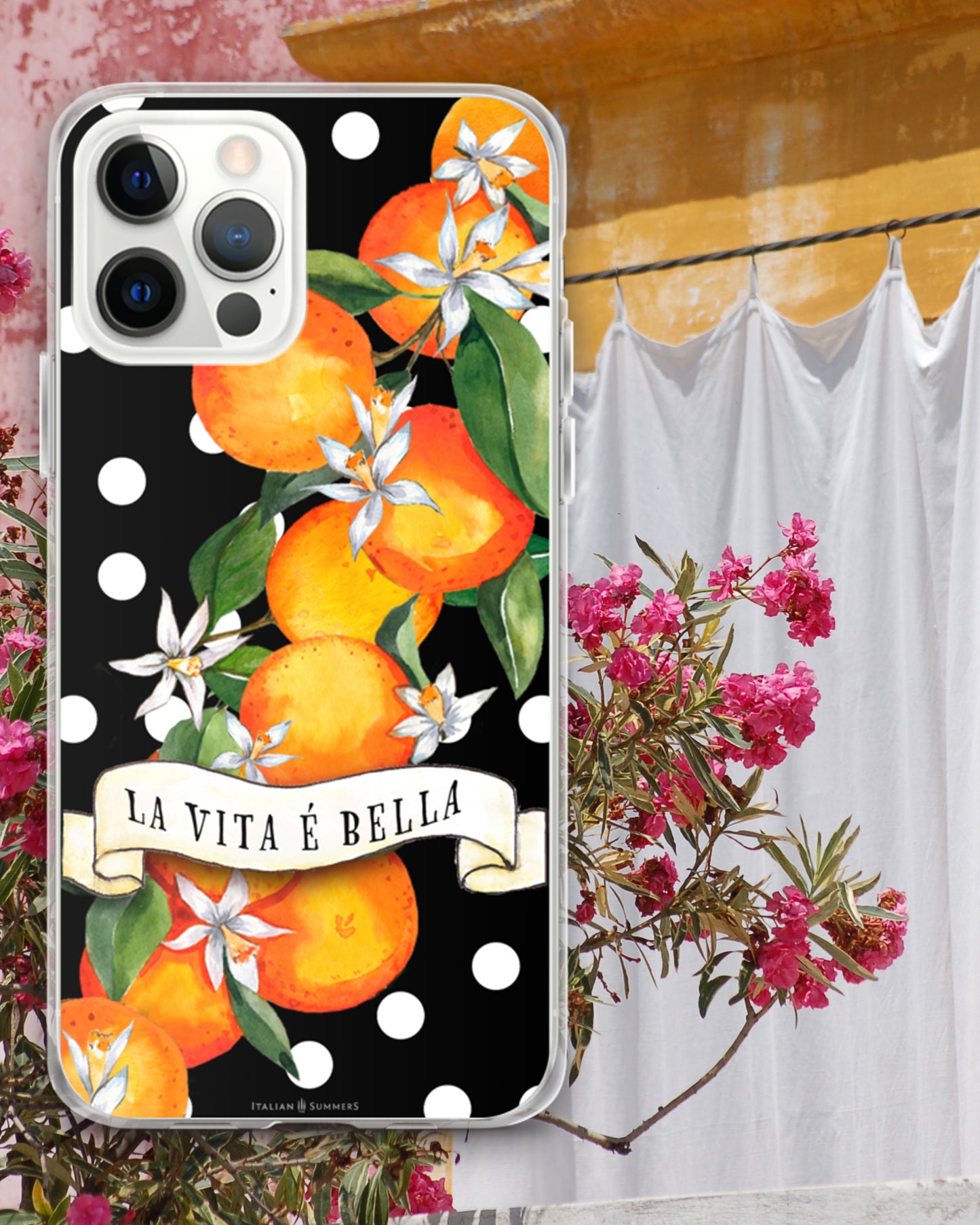 iPhone Case SICILIAN GARDEN white polka dots, Sicilian oranges, La Vita E' Bella