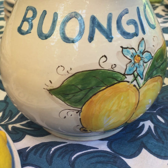 Bright and happy Italian ceramic brocca with handpainted Amalfi Coast lemons and the text Buongiorno in the color azur blue. By Italian Summers