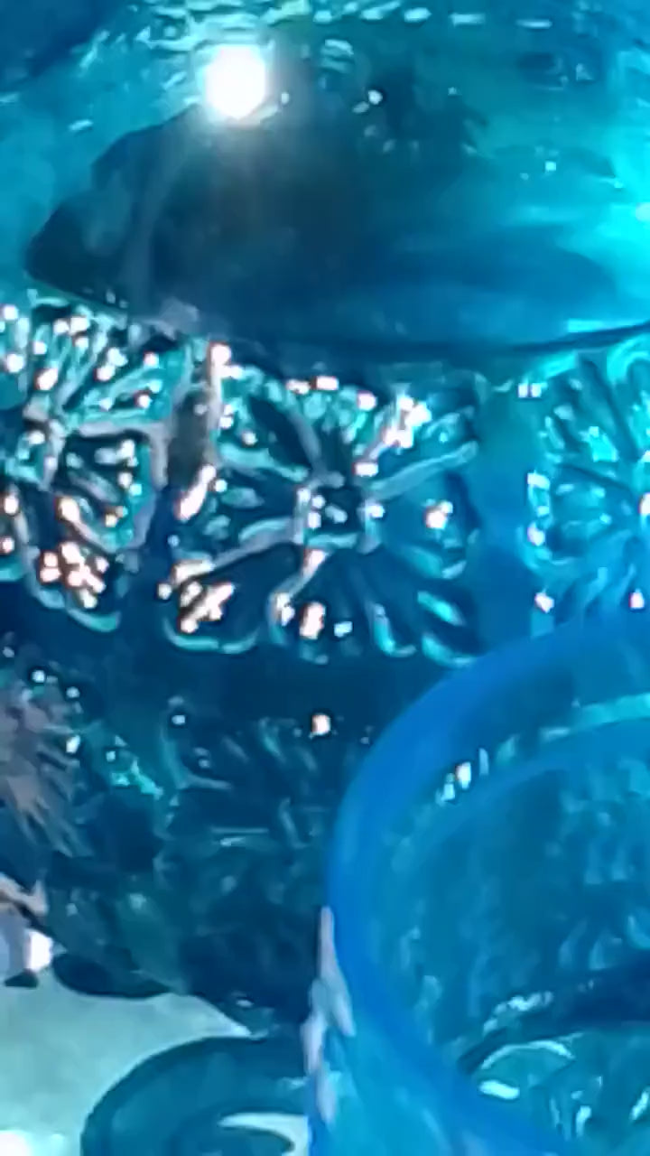 A blue vintage glass Italian carafe and six tumblers set on a blue an tablecloth white floral tablecloth in a garden setting.