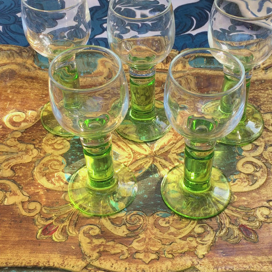 Vintage set limoncello glasses with limegreen foot Bormioli 70s Italian barware Italian digestivo