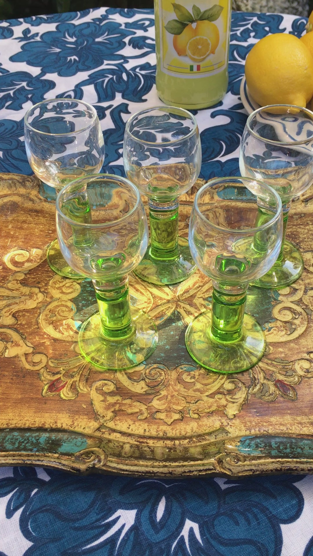 Vintage set limoncello glasses with limegreen foot Bormioli 70s Italian barware Italian digestivo