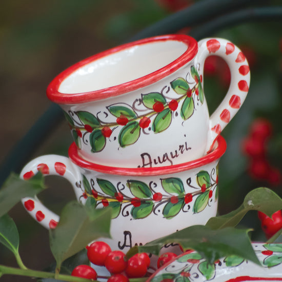 Italian Christmas Espresso cups and tray set, Italian Maiolica, handcrafted in Sicily by Italian Summers. The cups have the word Auguri and the tray has the word Buon Natale.