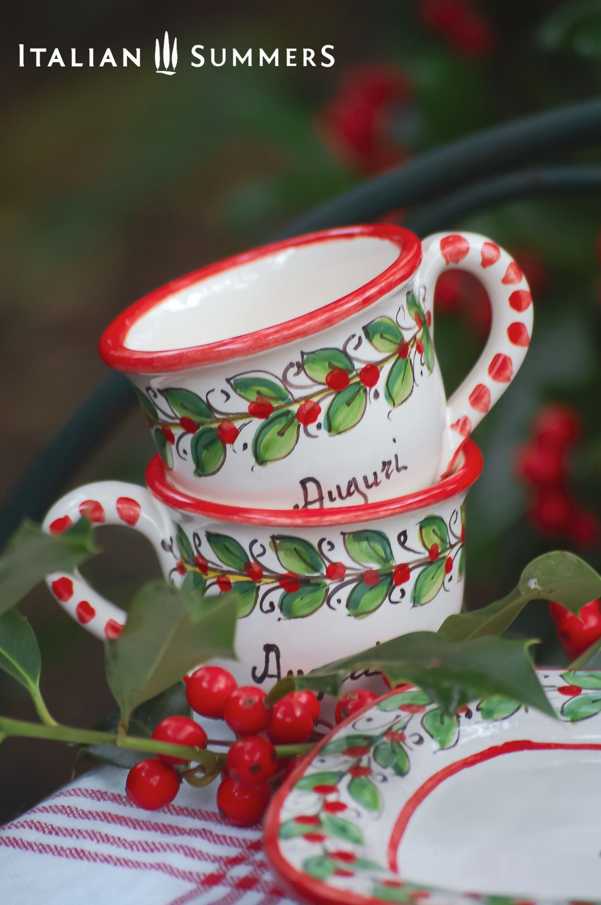 Italian Christmas Espresso cups and tray set, Italian Maiolica, handcrafted in Sicily by Italian Summers. The cups have the word Auguri and the tray has the word Buon Natale.