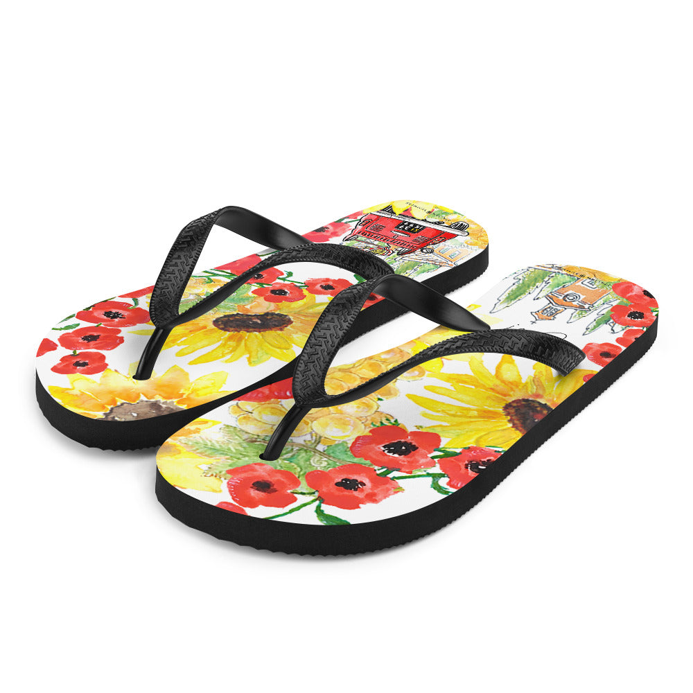 Italy Tuscany inspired flip flops with watercolor illustrations printed with sunflowers, poppies, Tuscan scenes , a red vintage FIAT 500 car speeding down a country lane . Made by Italian Summers
