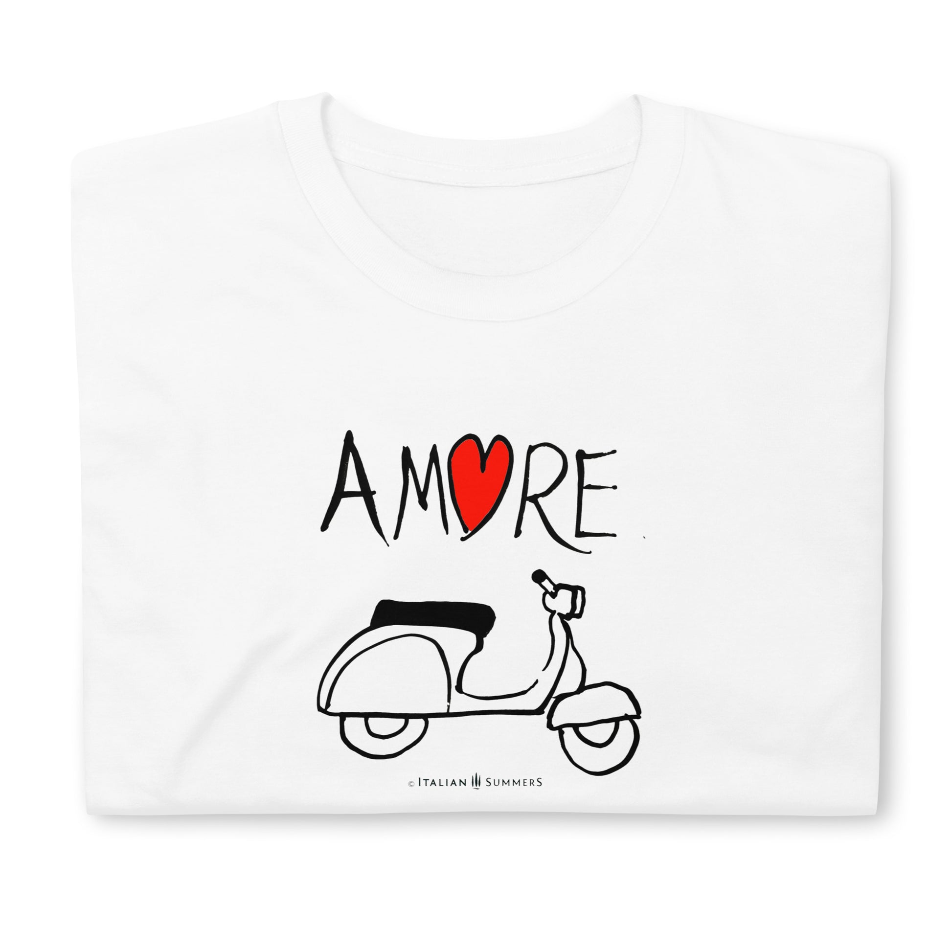 Italy inspired  white T Shirt  with a print of  hand-painted artwork we produced for a ceramic plate.  The  the word 'Amore'  with a vintage Vespa scooter  underneath. For all nostalgic Italy lovers, sure to bring a smile and a conversation in like-minded people! Made by Italian Summers