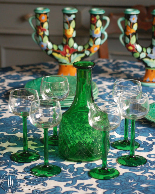 vintage 1970's Bormioli emerald-green decanter and six Alsace-style glasses 