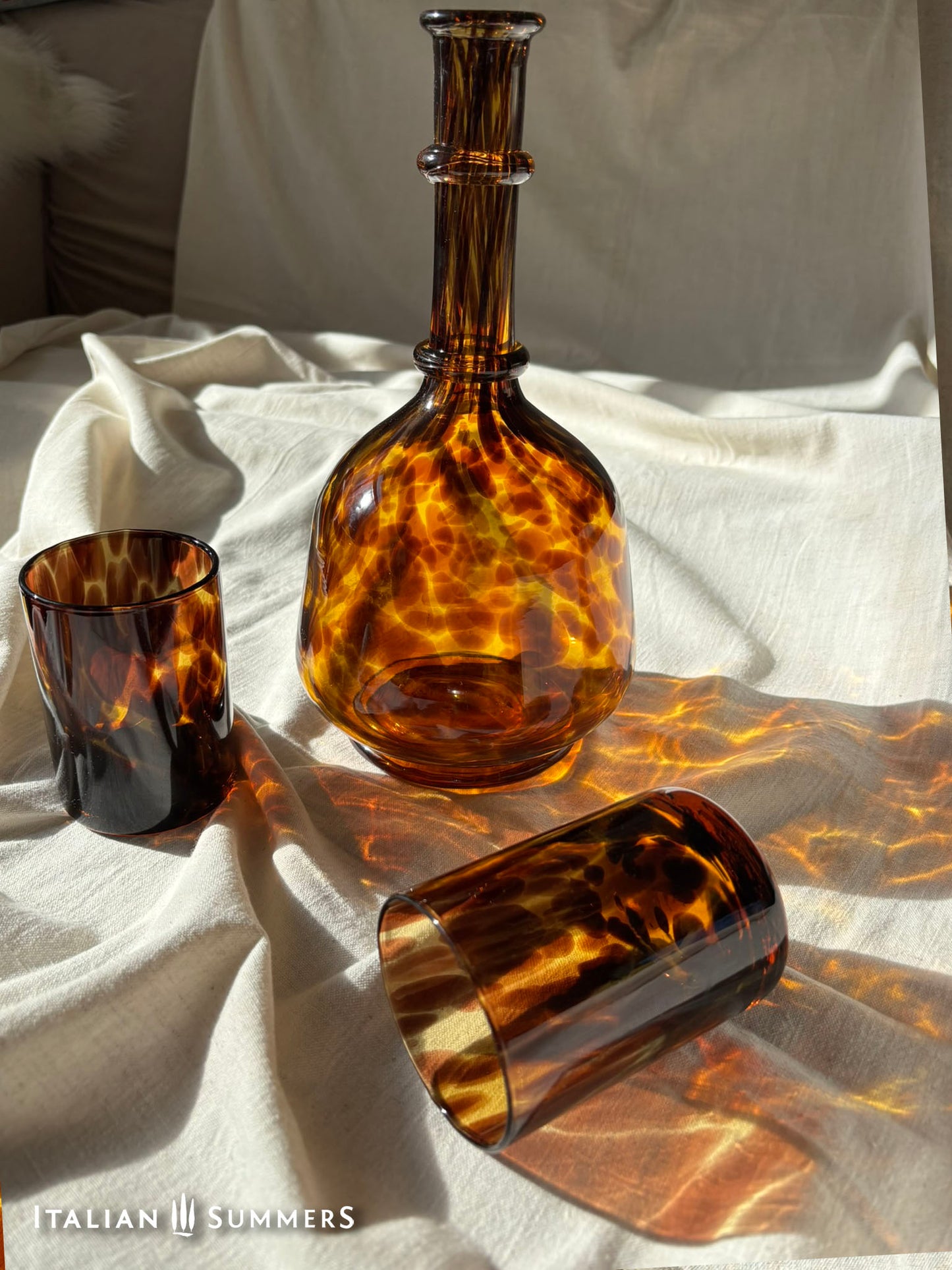 Vintage 1960s Empoli Tortoiseshell Glass Decanter & Matching Tumblers – Chistian Dior Maison manufacturer