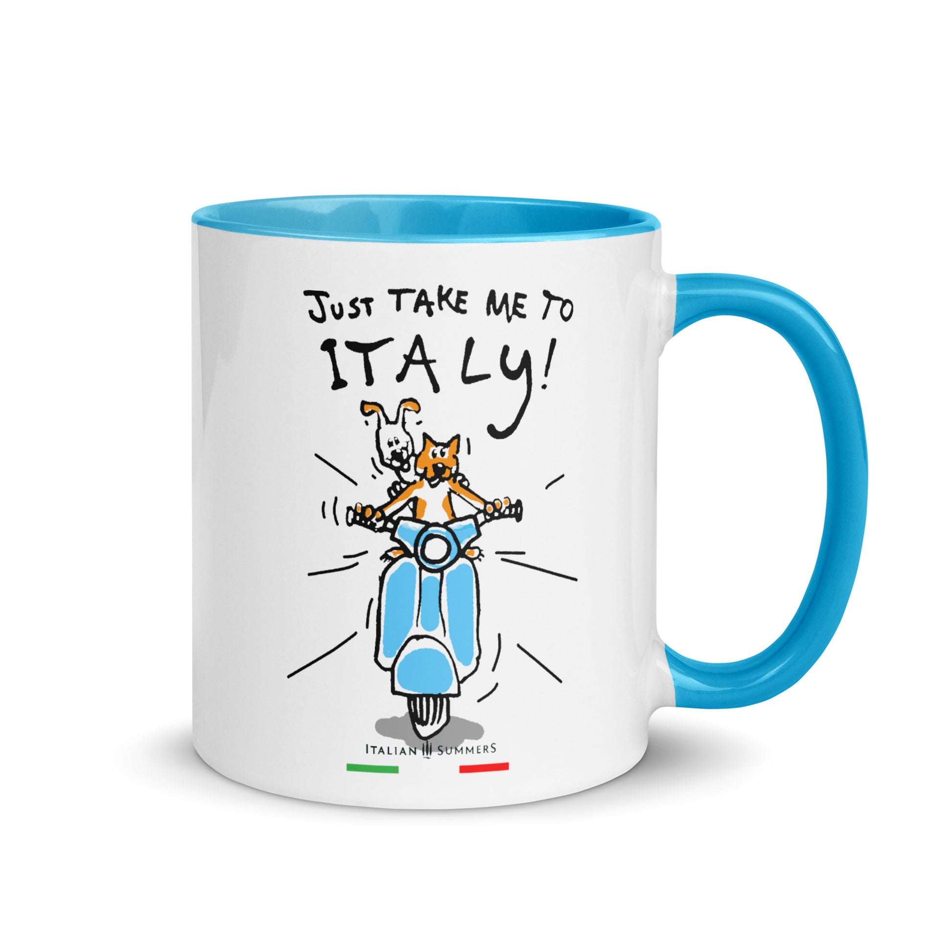 taly inspired coffee mug with a sketch of a cat and dog, (seen from the front) driving to Italy. The red cat is driving, the white dog with brown floppy ears sits in the back and looks over the shoulder of the cat. A vintage blue Vespa. The mug has the quote Just take me to Italy! Made by Italian Summers