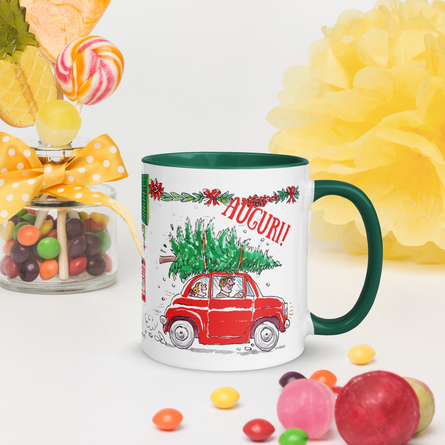 This Italy-inspired ceramic Christmas mug features the print of a merry trio of Italian cats singing carols on a vintage Vespa as they speed through an Italian street. A cute vintage red Fiat500 car zooms in the opposite direction with a Christmas tree on the roof!